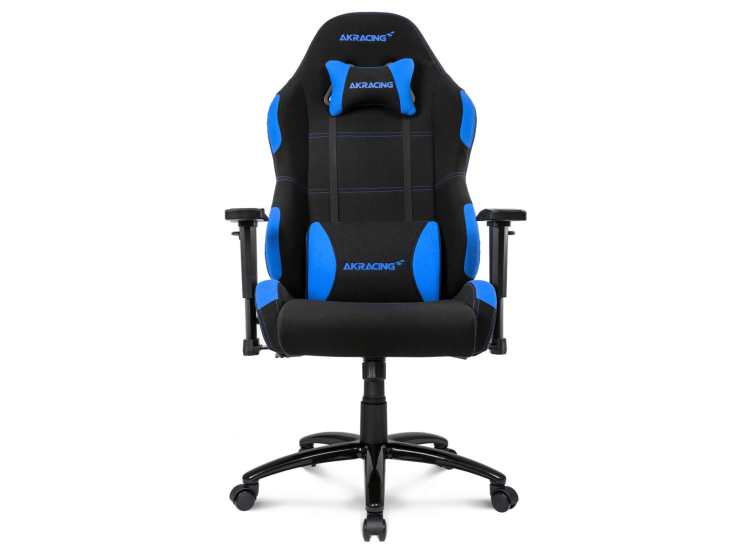 Rear three-quarter view of black and blue AKRACING gaming chair on a five-star wheeled base