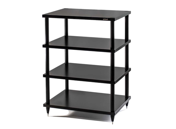 A black 3-shelf unit with metal frame and black shelves