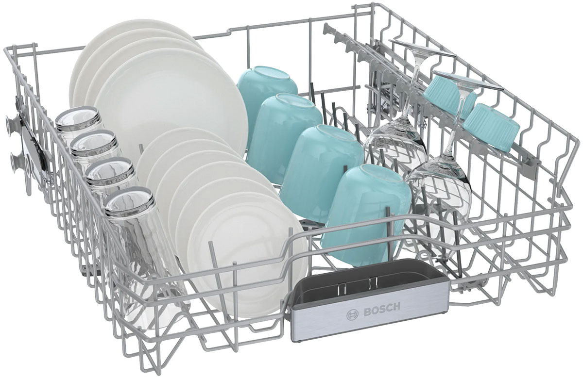 Angle view of upper rack with cups, plates and glasses.