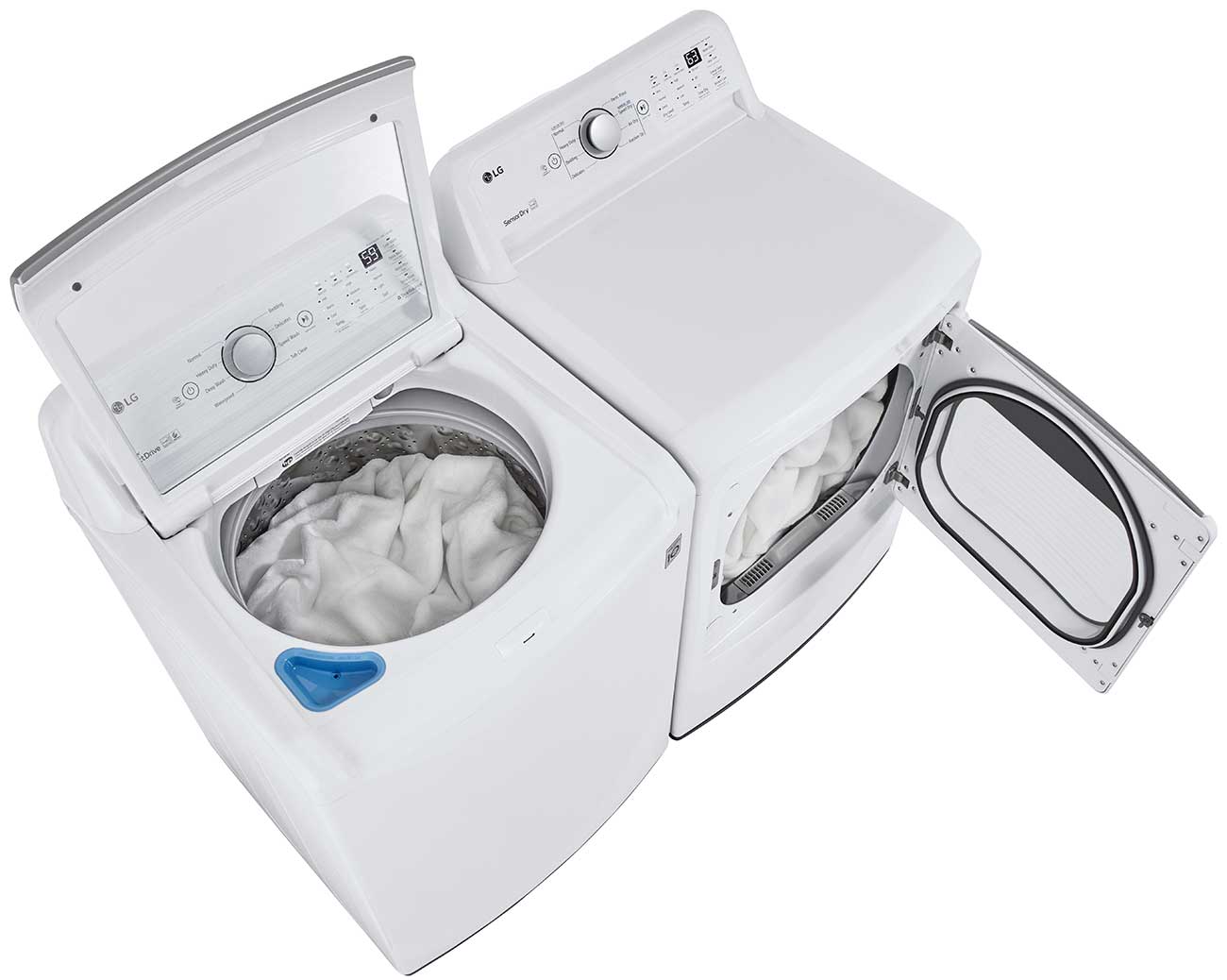 LG 5 Cu. Ft. Top Load Washer WT7150CW with Clean Laundry next to an LG Dryer with Clean Laundry
