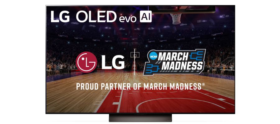 The LG C4 TV with the text LG OLED evo AI. LG and March Madness logos. Beneath, it says Proud Partner of March Madness. The background is a basketball court