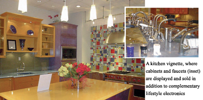 A kitchen vignette, where cabinets and faucets (inset) are displayed and sold in addition to complementary lifestyle electronics