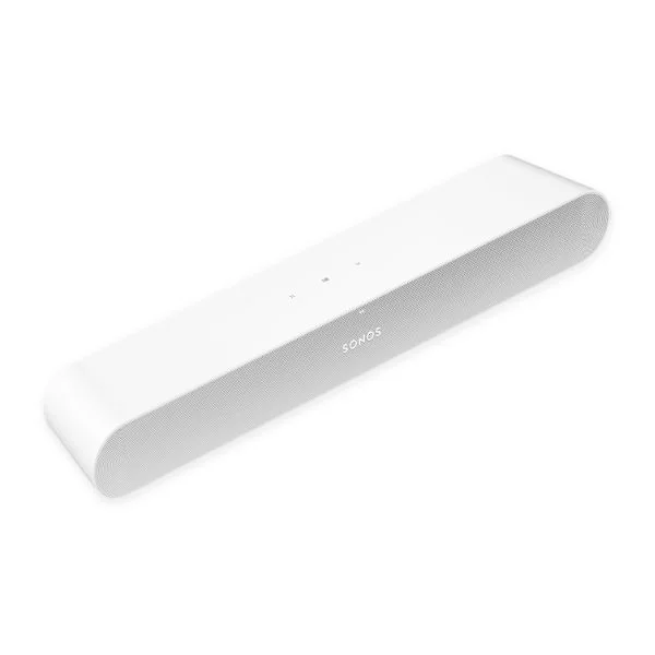 45-degree view of white Sonos Ray soundbar on a white background.