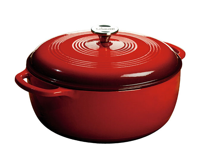 angled front view of dutch oven in red