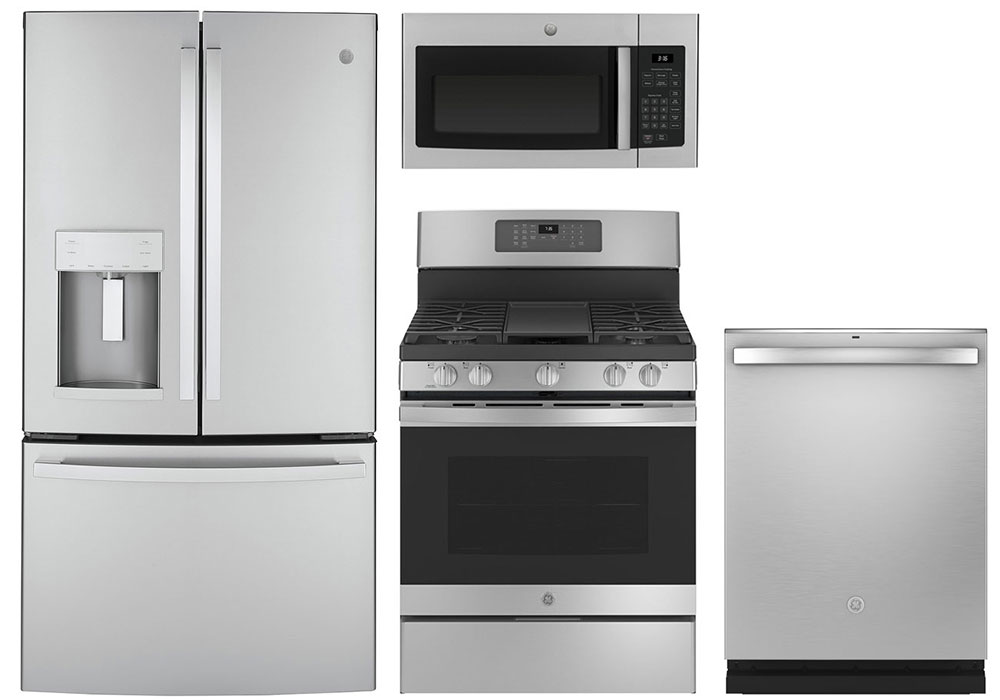 Front View French Door Refrigerator, Gas Range, Over the Range Microwave and Dishwasher in Stainless Steel
