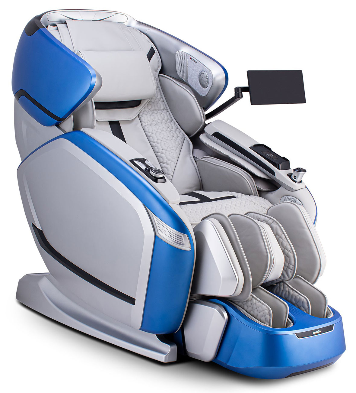 Angled view of Cozzia Quantum Massage Chair in Blue and Silver