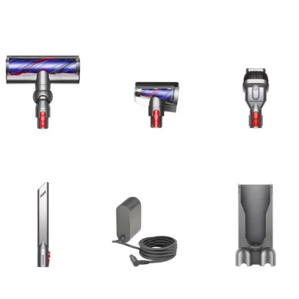 Flat lay of Dyson V11 attachments, charger and wall dock.