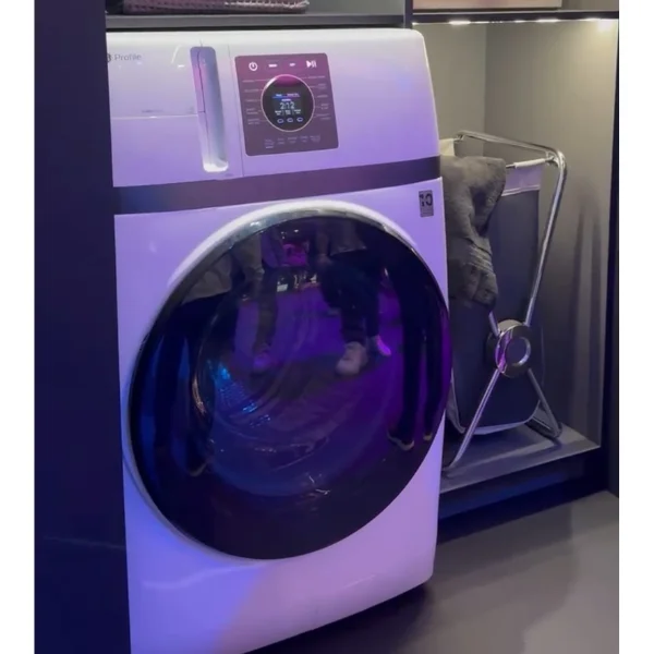A GE Profile laundry appliance in a white finish.