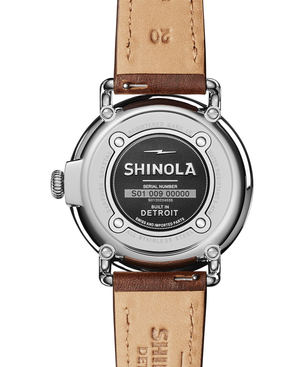 View of the Shinola The Runwell Cattail Leather Strap Watch's Case Back