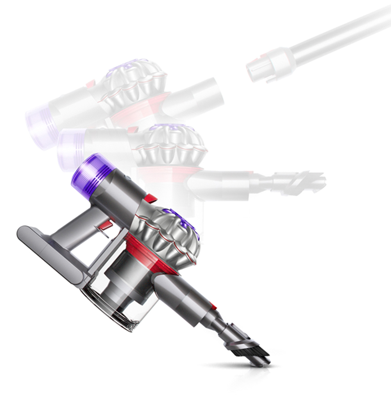 Dyson V8 Cordless Stick Vacuum Displayed as a Handheld Device in Three Overlapping Uses
