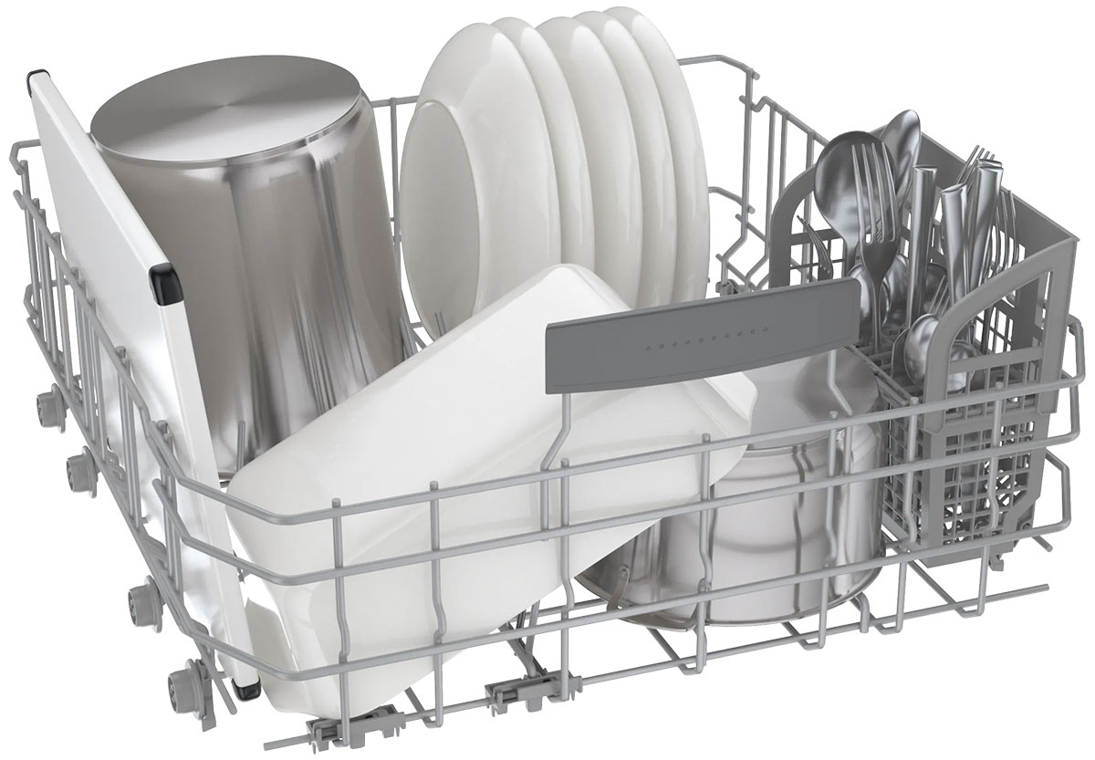 Angle view of bottom rack with plates, pot and utensils.