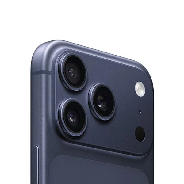 Closeup of the camera lenses on the back of a blue iPhone 17 Pro.