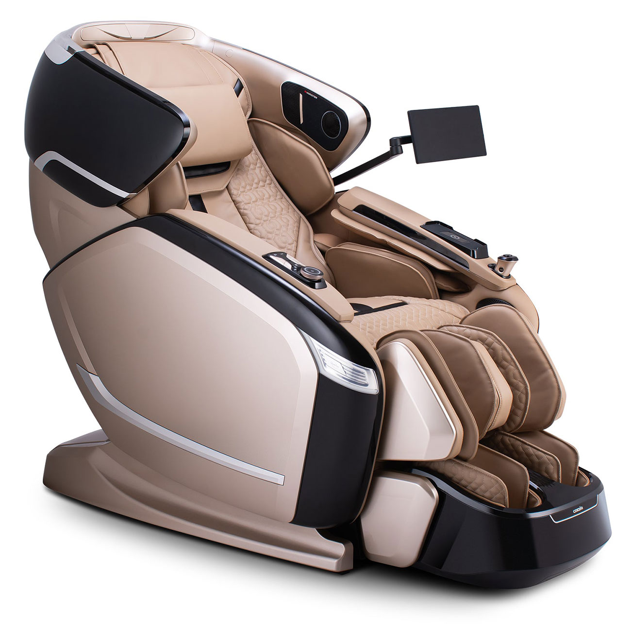 Angled view of Cozzia Quantum Massage Chair in Champagne and Black