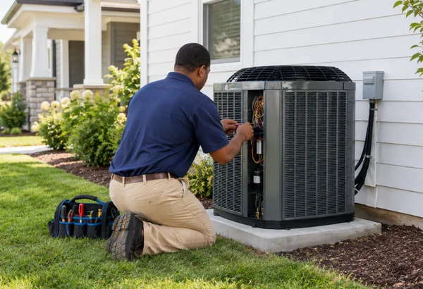 A technician servicing an HVAC unit