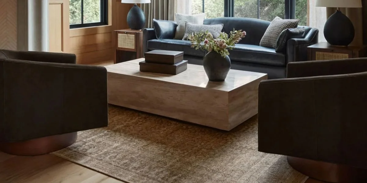 A living room complete with a large area rug, green armchairs, blue sofa and large stone coffee table.