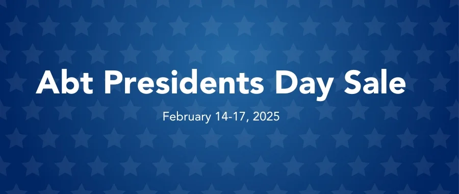 A blue background with a star pattern and the words: Abt Presidents Day Sale, February 14-17, 2025