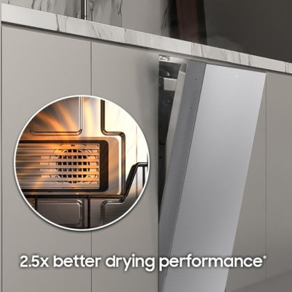lifestyle with text of the features of a samsung washer and dryer combo unit