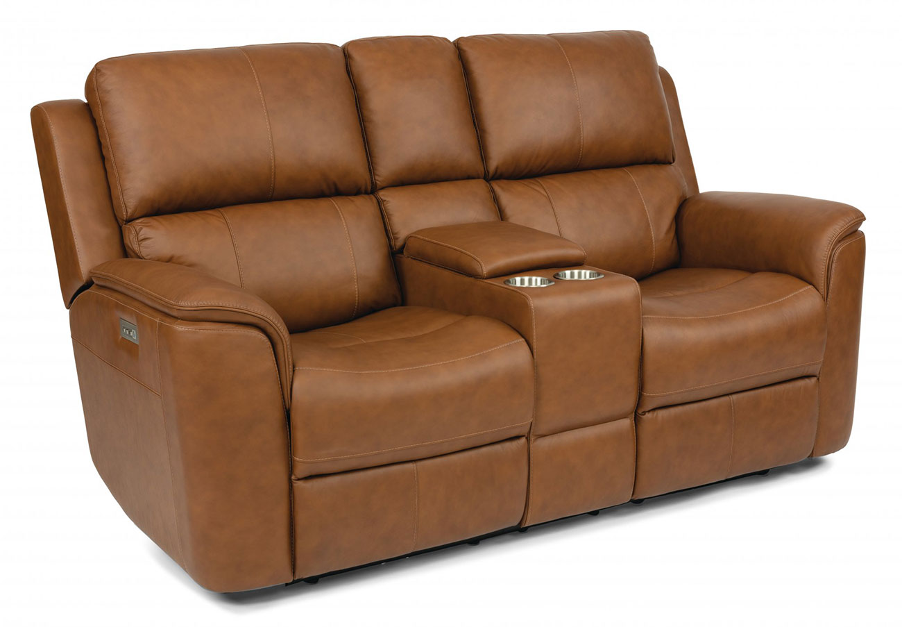 Angled View of the Flexsteel Henry Leather Power Reclining Loveseat With Console & Power Headrests & Lumbar