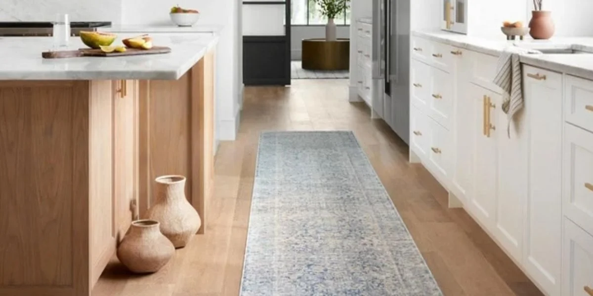 A blue and white runner in a white kitchen. It runs along a white kitchen's cabinetry and alongside its island