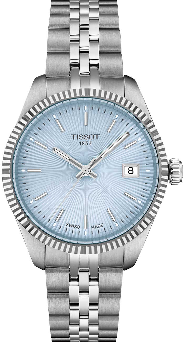 Front view of watch with ice blue dial and silver case