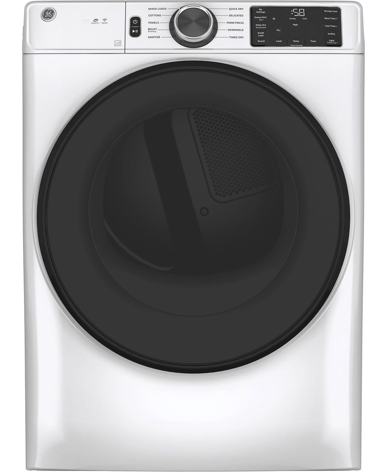 Front view of GE Dryer in White.