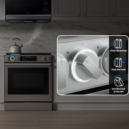 Illuminated precision knobs lighting up on a Samsung range