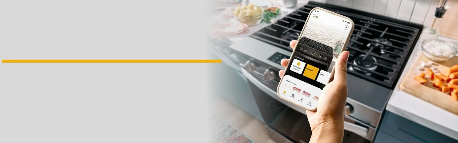 stylized banner with a grey block fading into a picture of a person holding a cellphone with a whirlpool all for their range