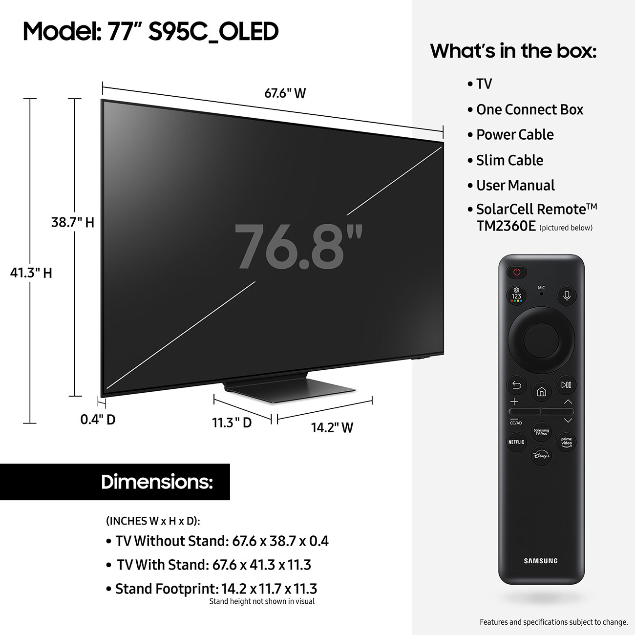 Size Dimensions and Box Content List for a Samsung 77 Inch 4K OLED TV

