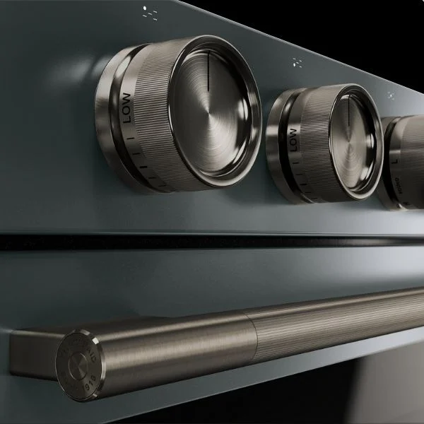 Closeup of black ore hardware on KitchenAid Black Ore range