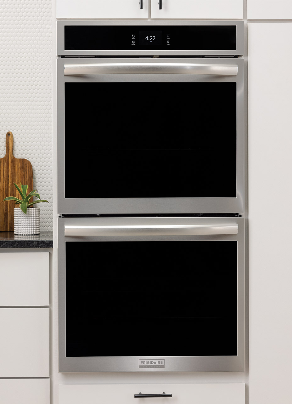 a close up of a stainless steel frigidaire gallery double wall oven