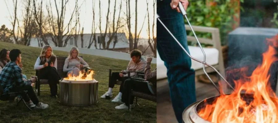 Friends sit around a firepit outside. Someone tends a fire in another image.