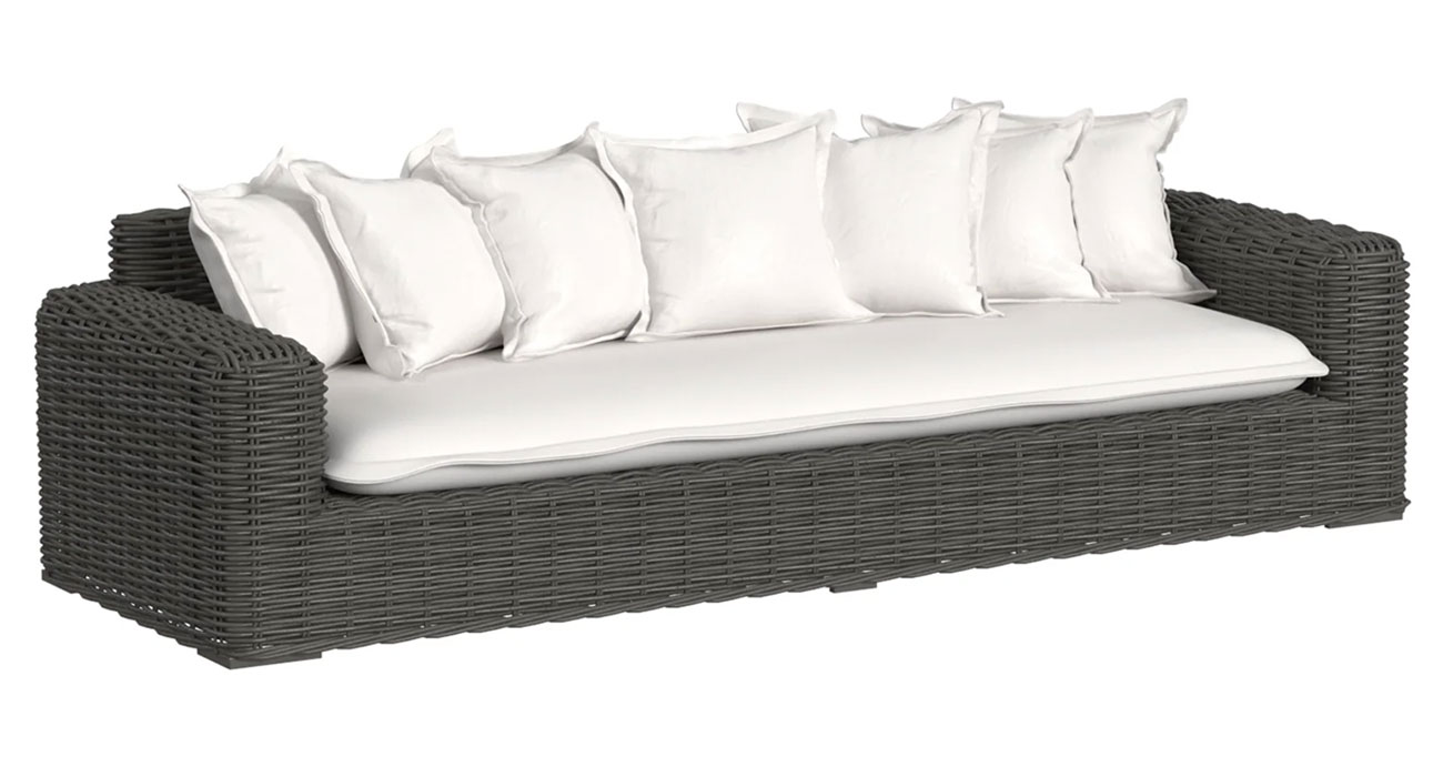 Angled view of Sunset West Cabo Sofa in Soothe Pearl Sunbrella | Kahlua