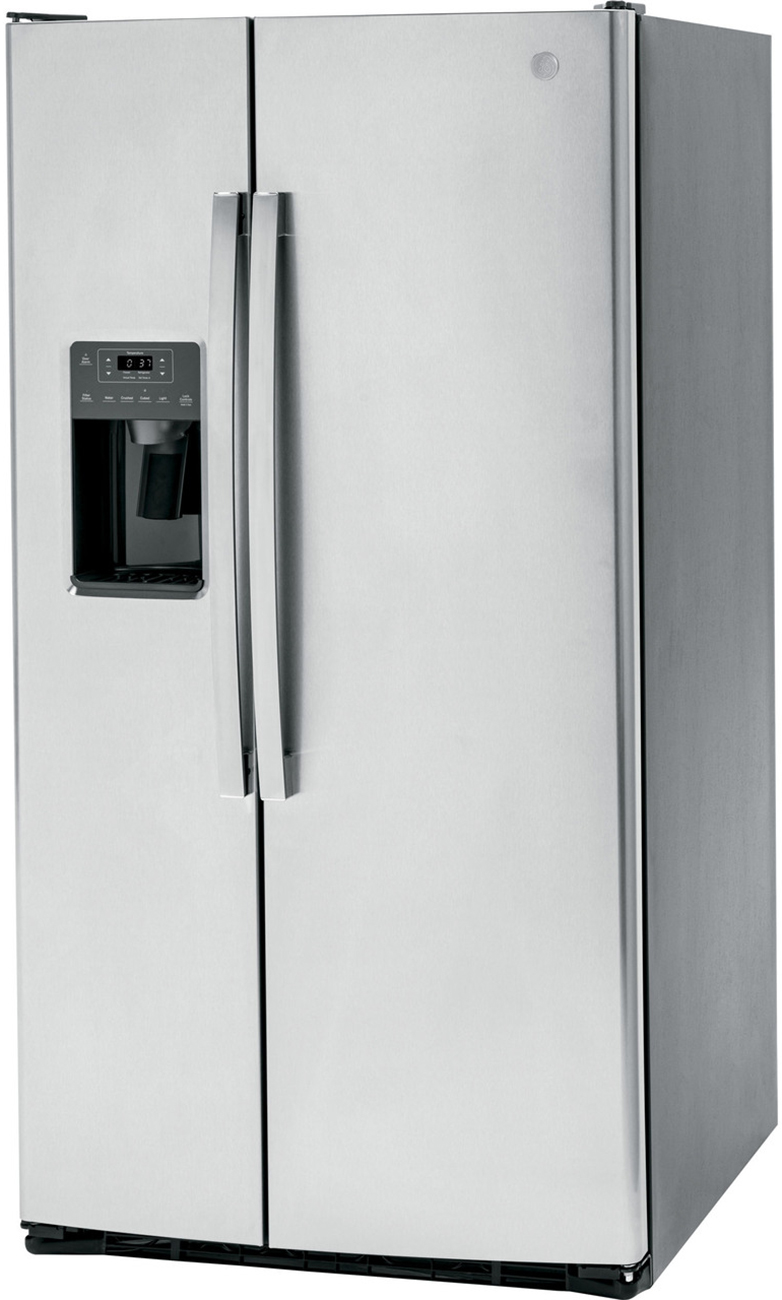 Left angle view of stainless steel refrigerator