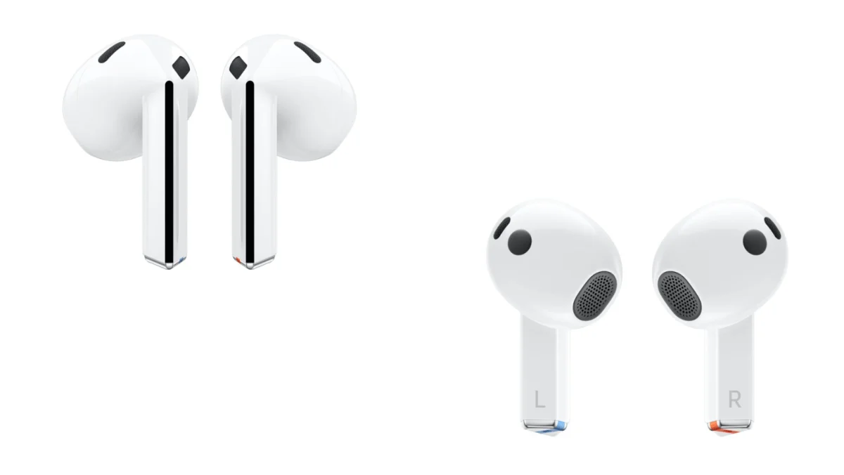 front and back view of white Samsung Galaxy Buds3
