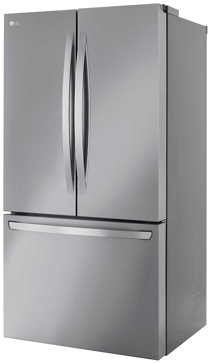 Right-angle view of closed refrigerator.