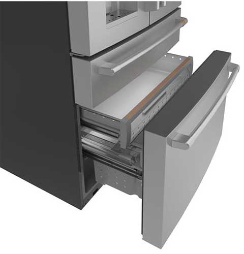 Angle view of pulled-out freezer with nothing inside.