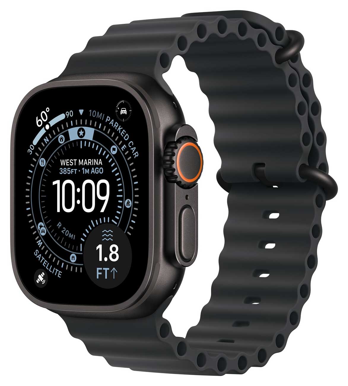 Front Angled view of Apple Watch Ultra 3 GPS & Cellular 49mm Black Titanium Case with Black Ocean Loop