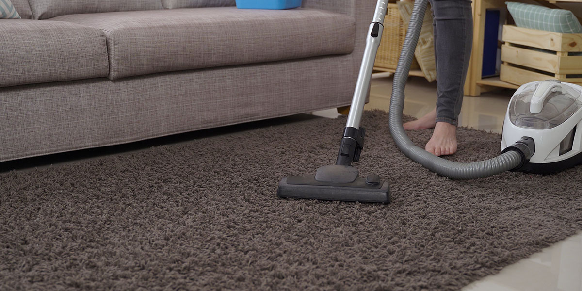 Person vacuuming area rug at home.