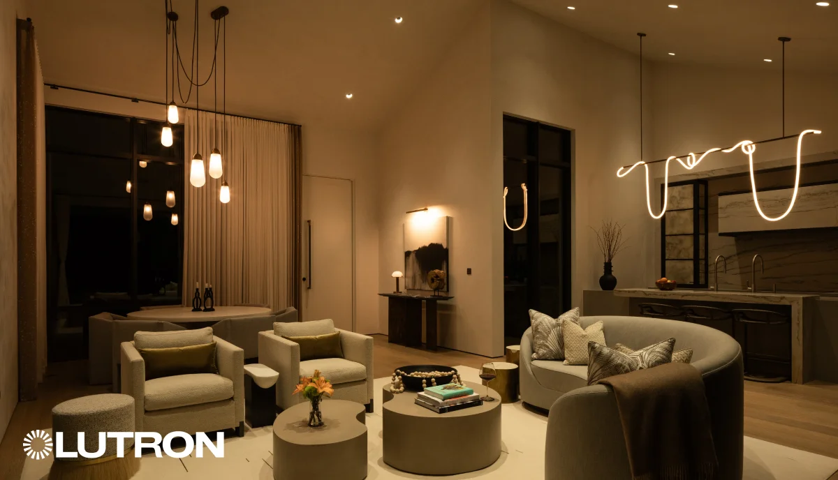 Lutron motorized shades controlling daylight in a family room