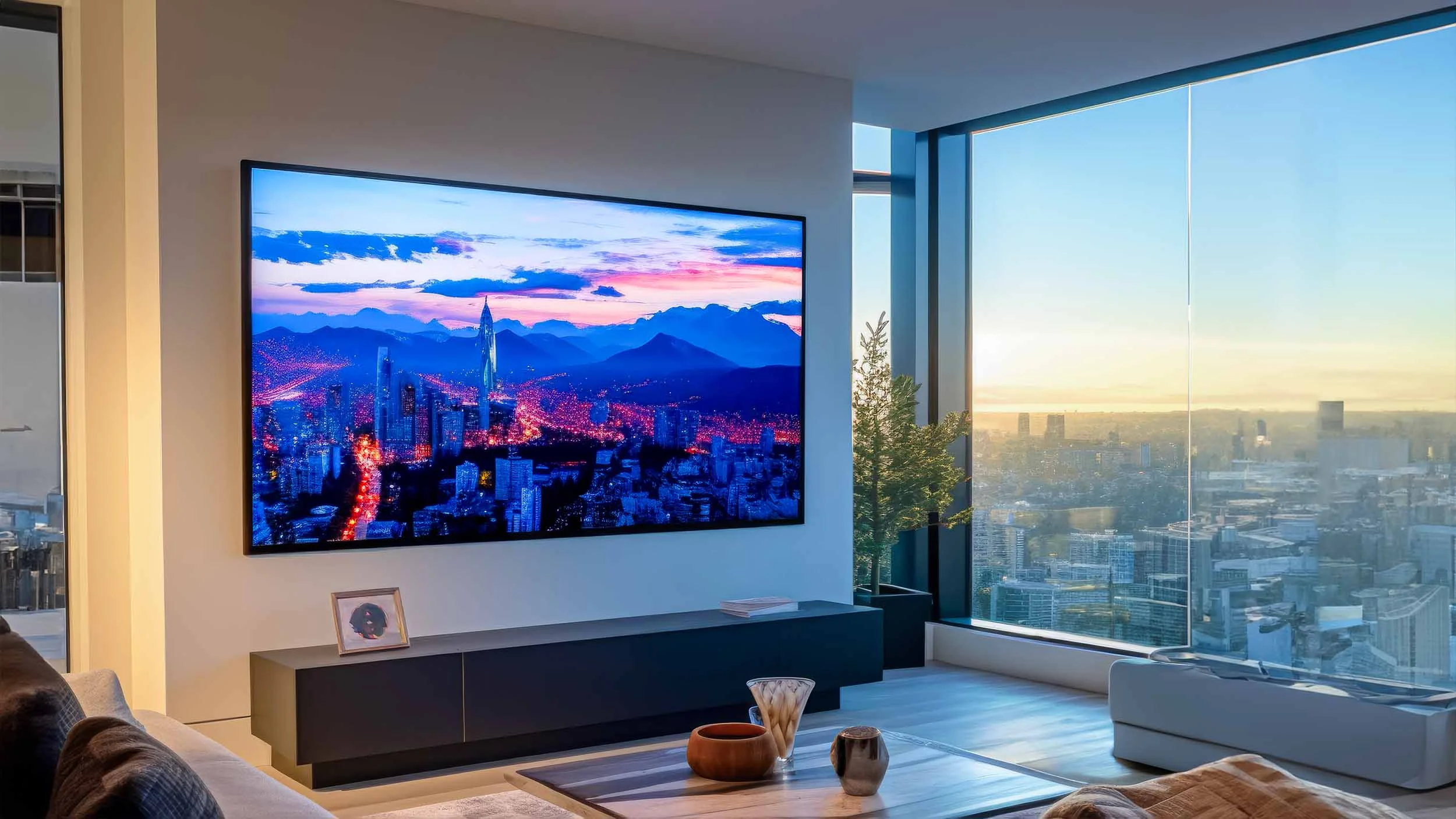 Large MicroLED video wall in a high-rise condo living room