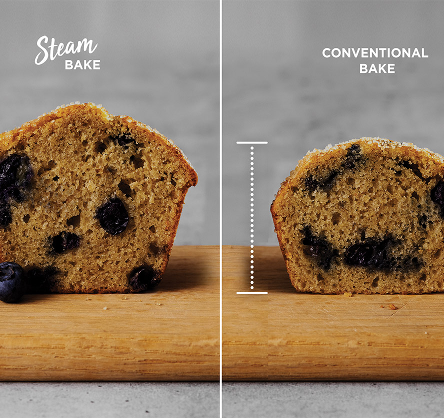 a close up of two blueberry muffins side by side showing the difference in steam bake in the frigidaire gallery range