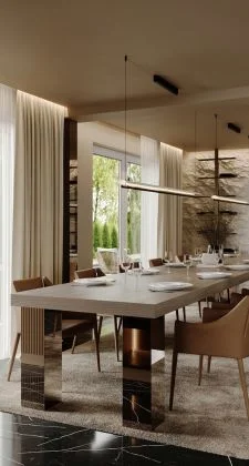 modern dining room with darker browns and a modern dining table set with chairs showcasing a well set table in a modern dining room