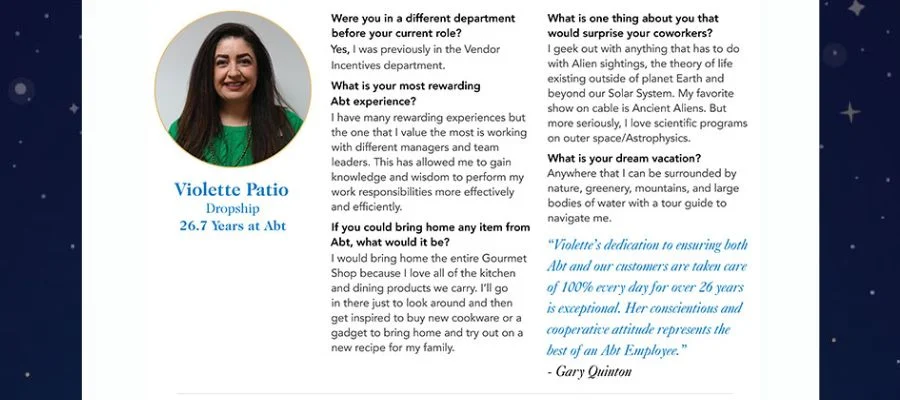 Employee Spotlight questions and answers for Violette Patio