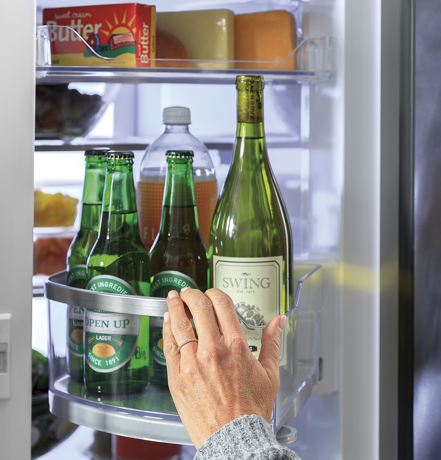Beer and wine refrigerator door bin.