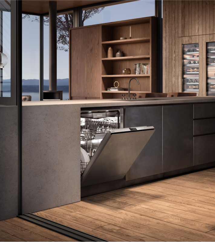 Contemporary kitchen with a large window and a Gaggenau built-in dishwasher, highlighting modern design and premium appliances