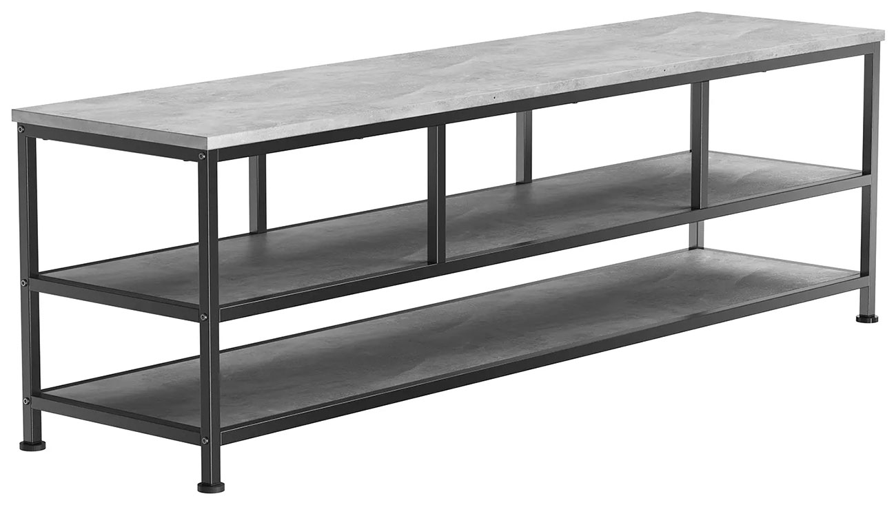 Dynamic View Of The ErgoAV Large TV Stand 63-Inch With Metal Frame In Concrete Finish