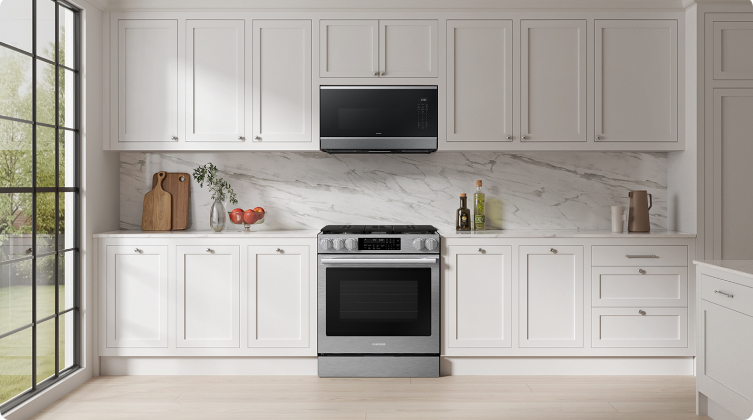 lifestyle of a samsung wsher and dryer combo unit in a styled laundry room