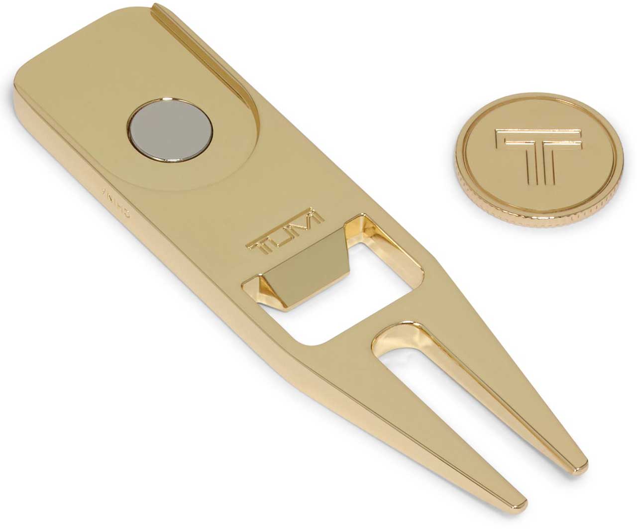 Close up view of TUMI gold Golf Divot Tool