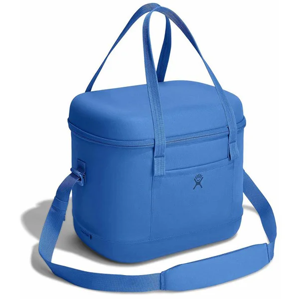 A blue cooler with two handles and a crossbody strap