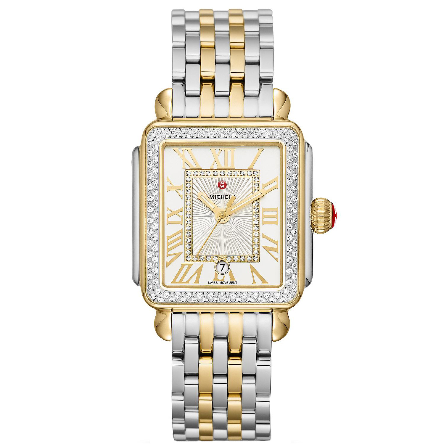 Michele Deco Madison Silver Sunray w/ Diamond Dial Two-Tone Bracelet Watch, 33mm